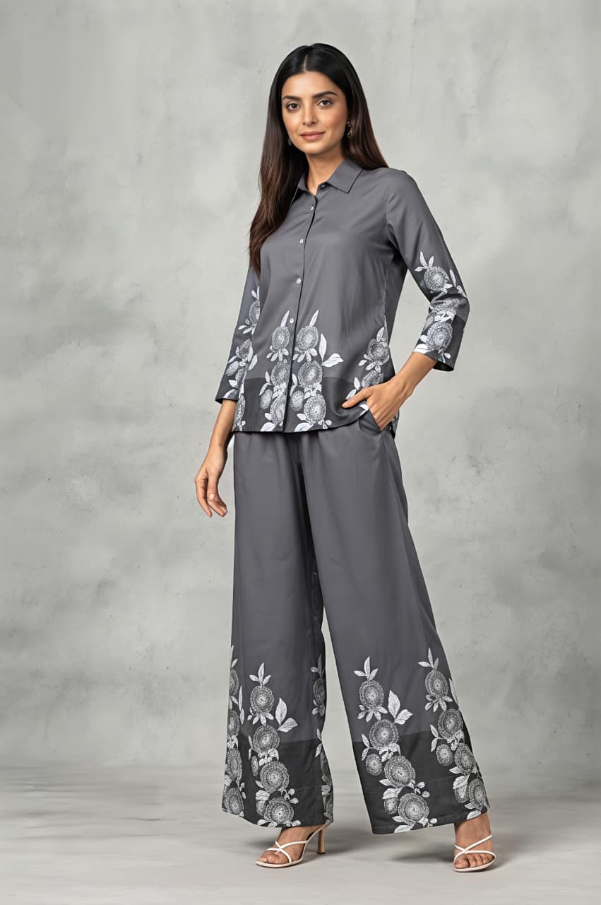 Rosy Orchid Printed Duve Grey Co-ord Set