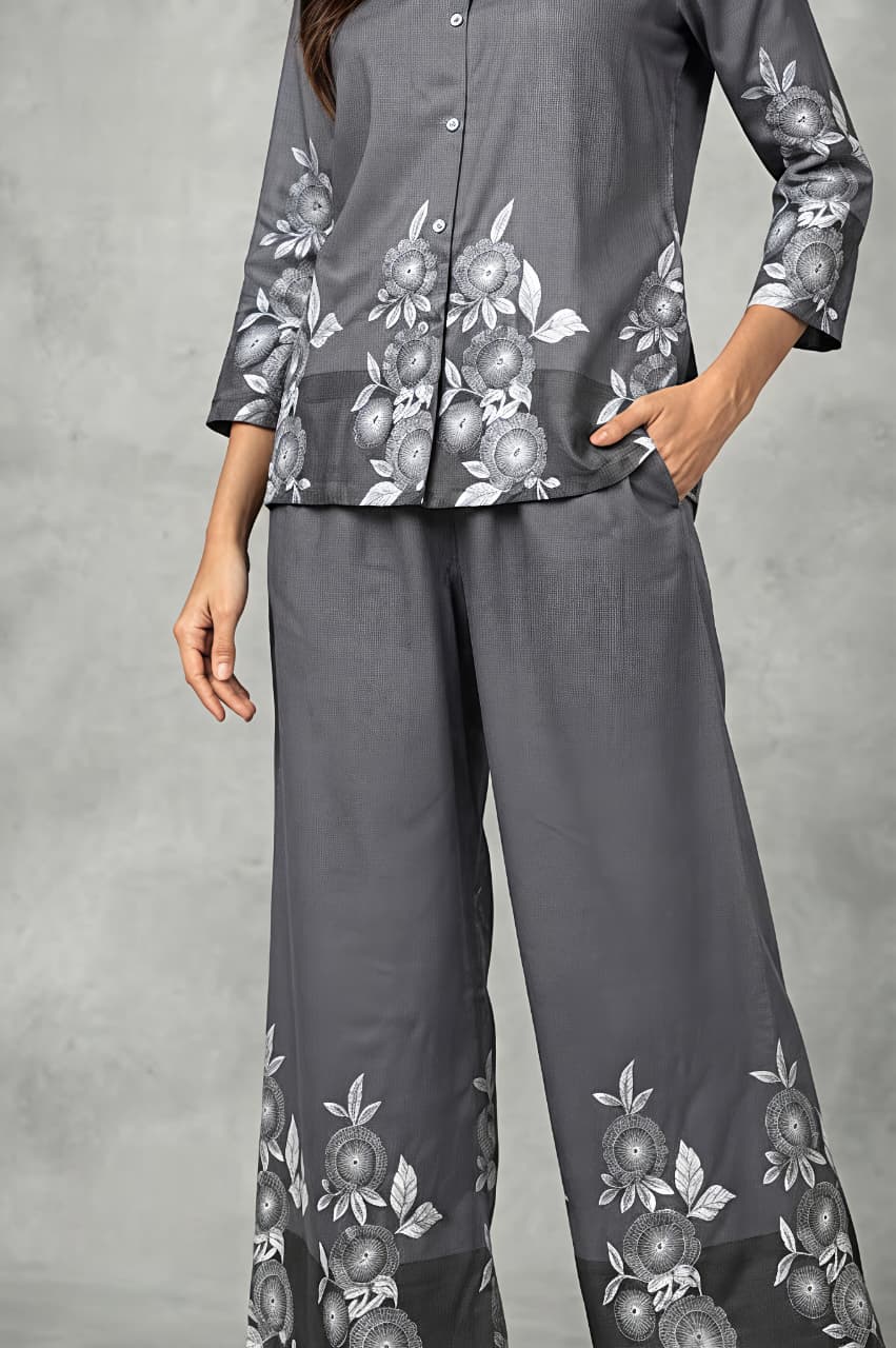 Rosy Orchid Printed Duve Grey Co-ord Set