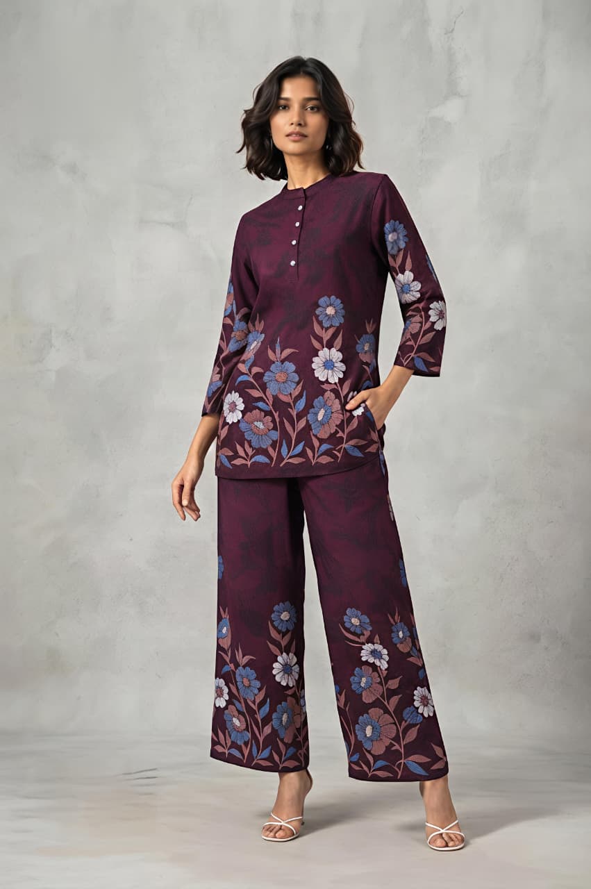 Regal Flora Printed  Maroon Co-ord Set