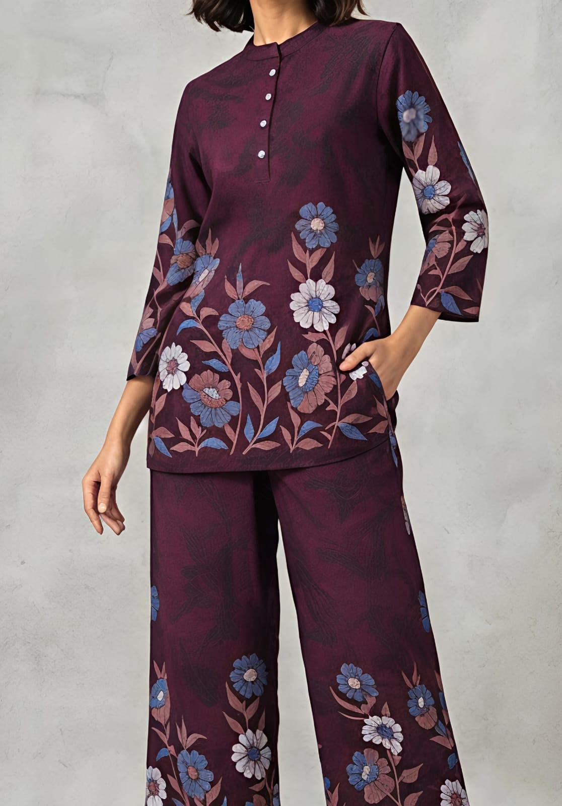 Regal Flora Printed  Maroon Co-ord Set