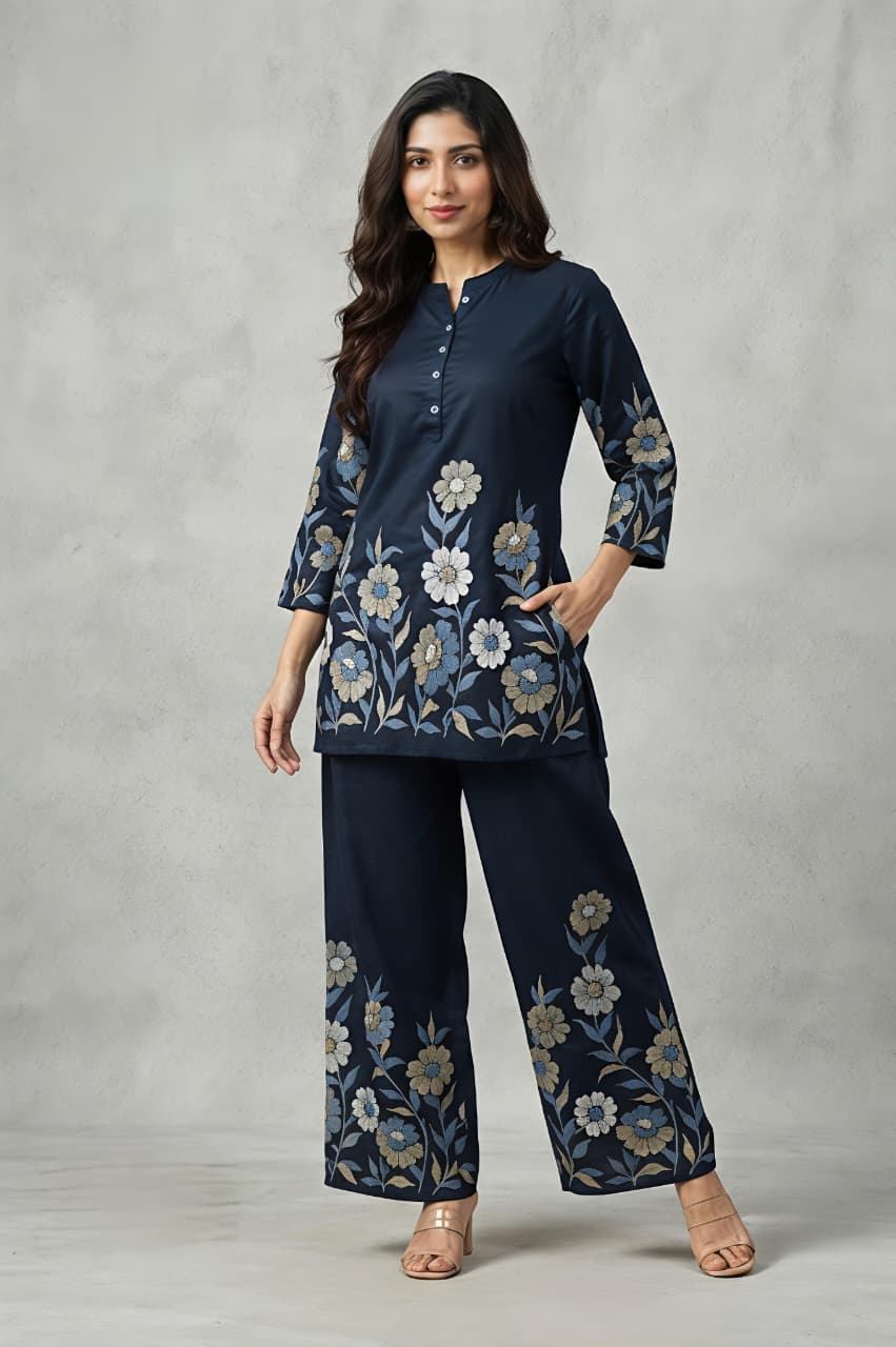 Regal Flora Printed  Navy Blue Co-ord Set