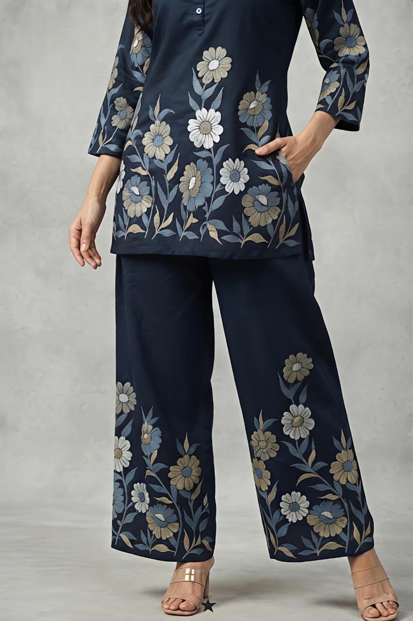 Regal Flora Printed  Navy Blue Co-ord Set