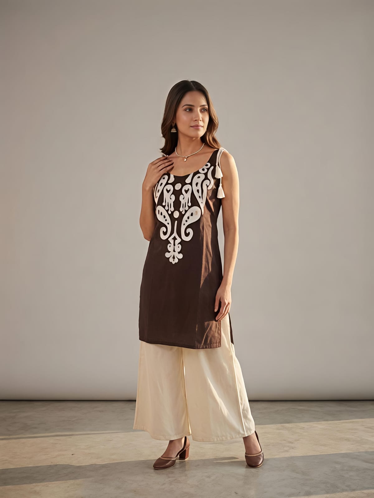Roohani Brown Ethnic Cotton Co-ord Set For Women