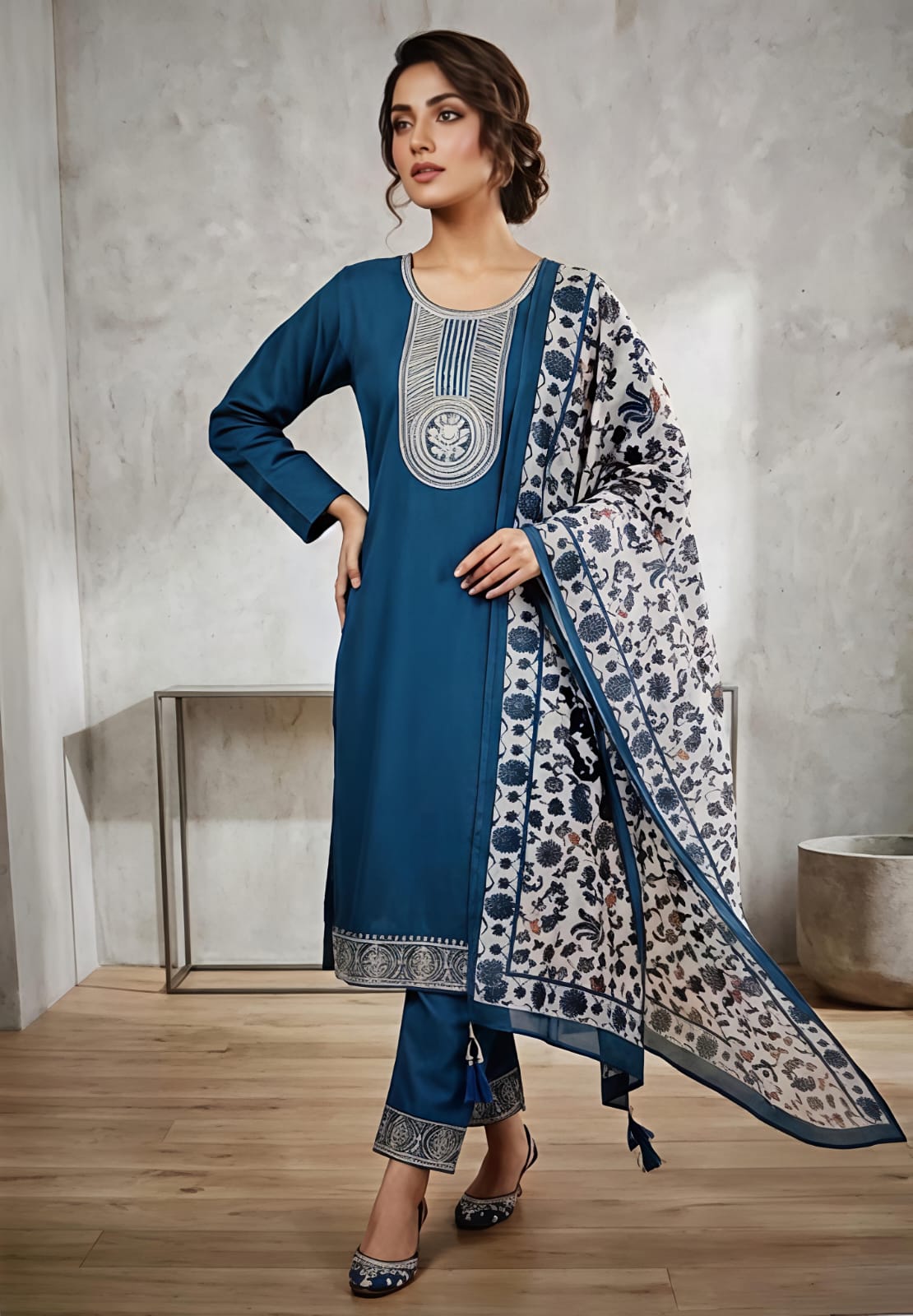 A woman wearing a teal blue kurta with intricate silver embroidery on the chest, paired with a beige and blue floral printed dupatta.