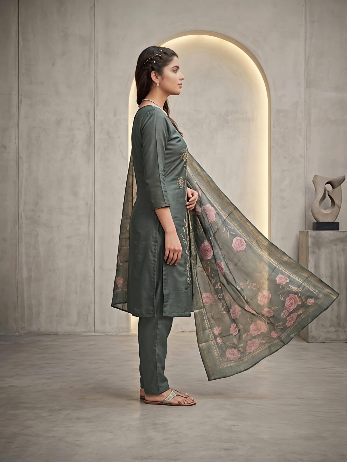 A woman models a three-piece salwar kameez suit in a muted sage green color, featuring floral embroidery on the kurta and a matching printed dupatta with pink flowers, set against a modern concrete archway background.