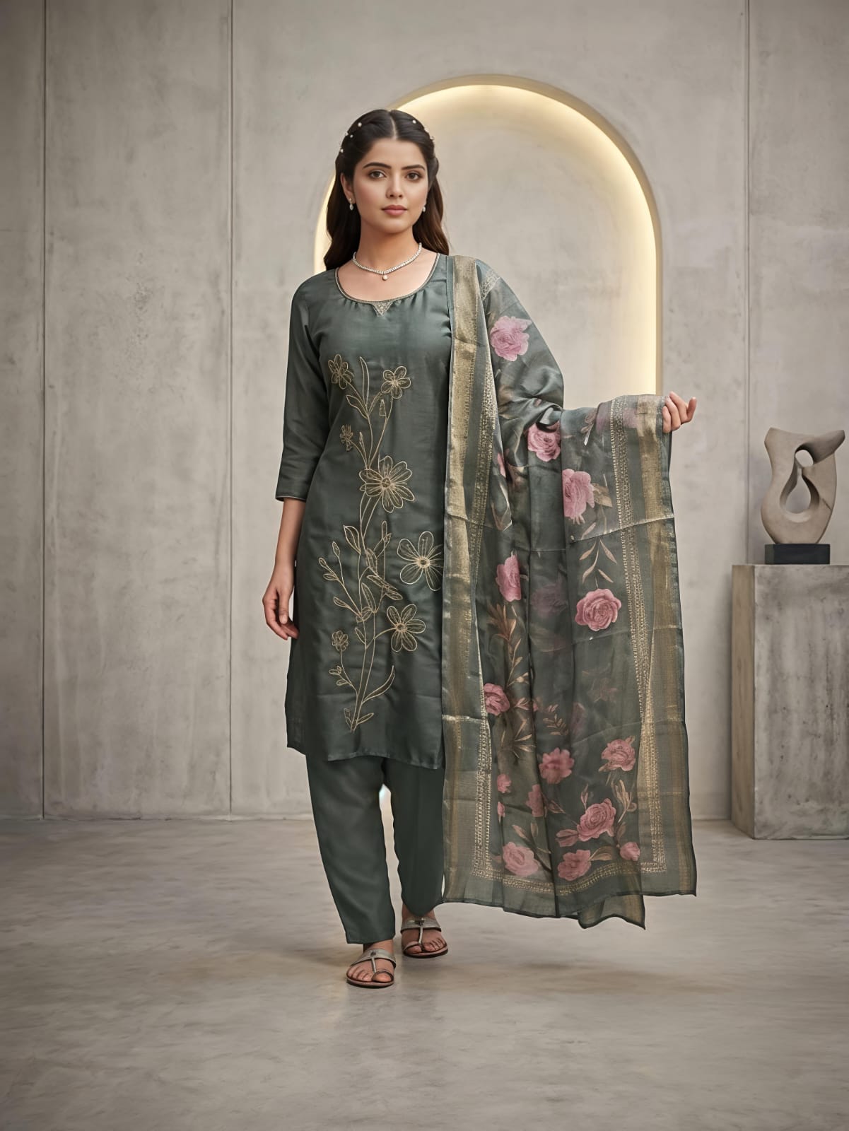 A woman models a three-piece salwar kameez suit in a muted sage green color, featuring floral embroidery on the kurta and a matching printed dupatta with pink flowers, set against a modern concrete archway background.