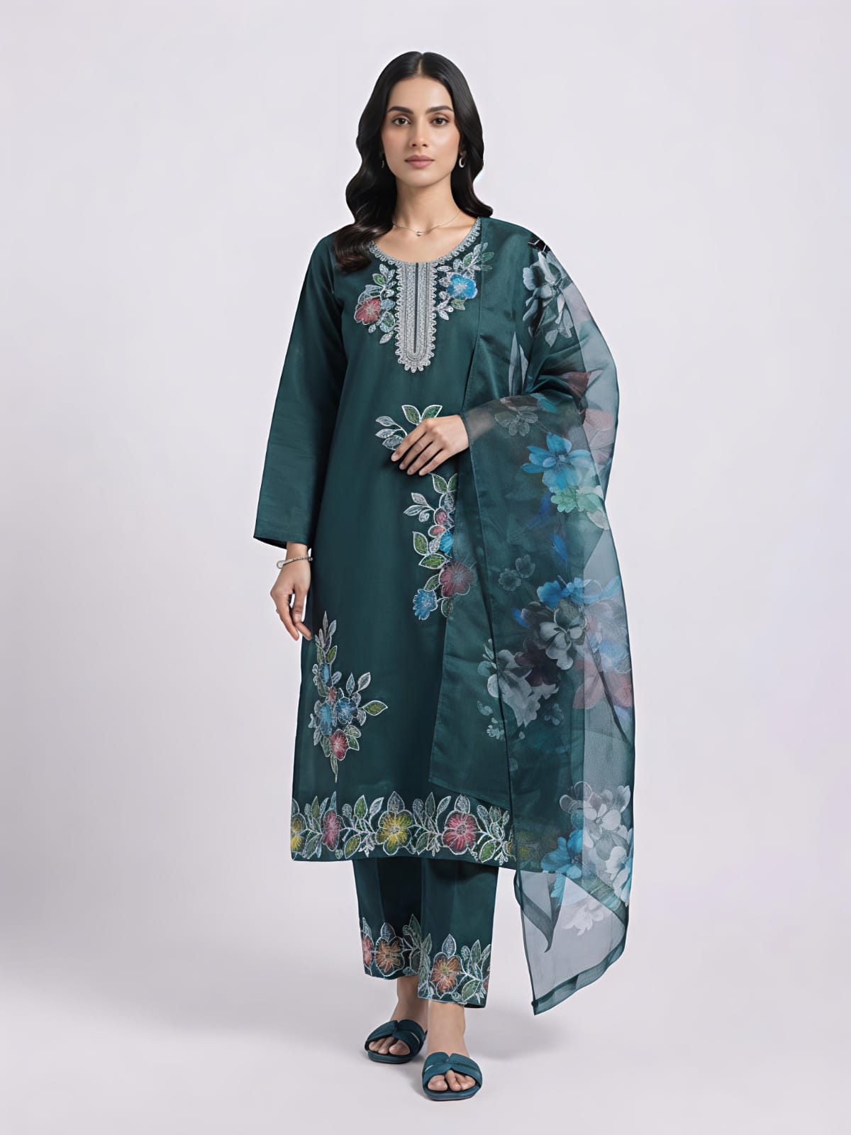 Emerald Green Blossom Embroidered Suit Set