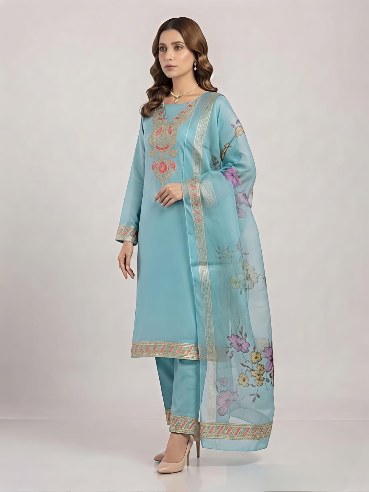 Sky Blue Embroidered Kurta Pant Set with Floral Printed Organza Dupatta