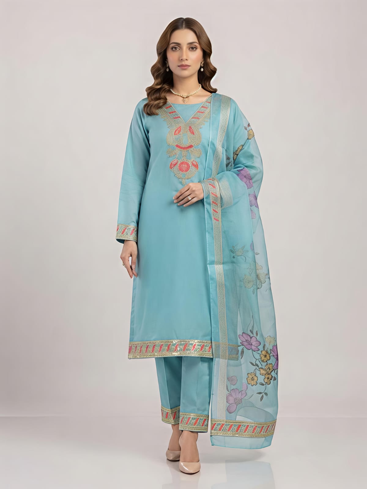 Sky Blue Embroidered Kurta Pant Set with Floral Printed Organza Dupatta