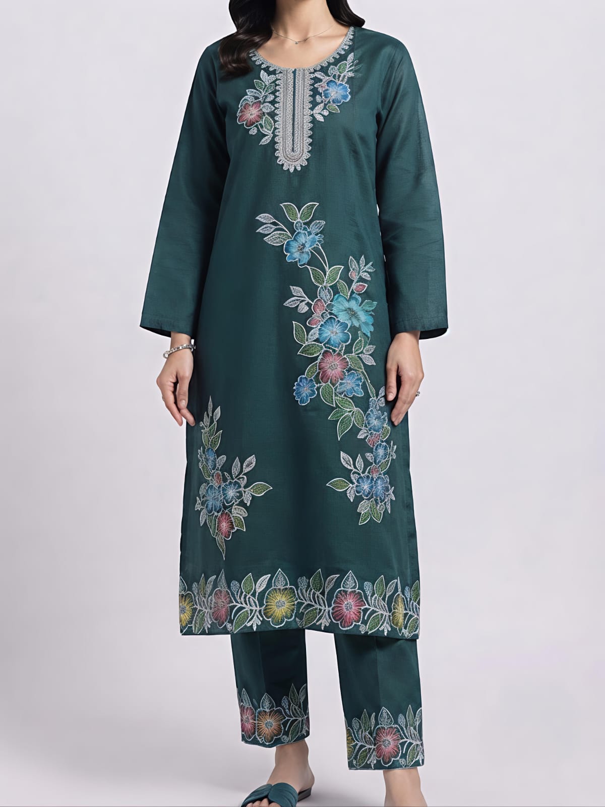 Emerald Green Blossom Embroidered Suit Set