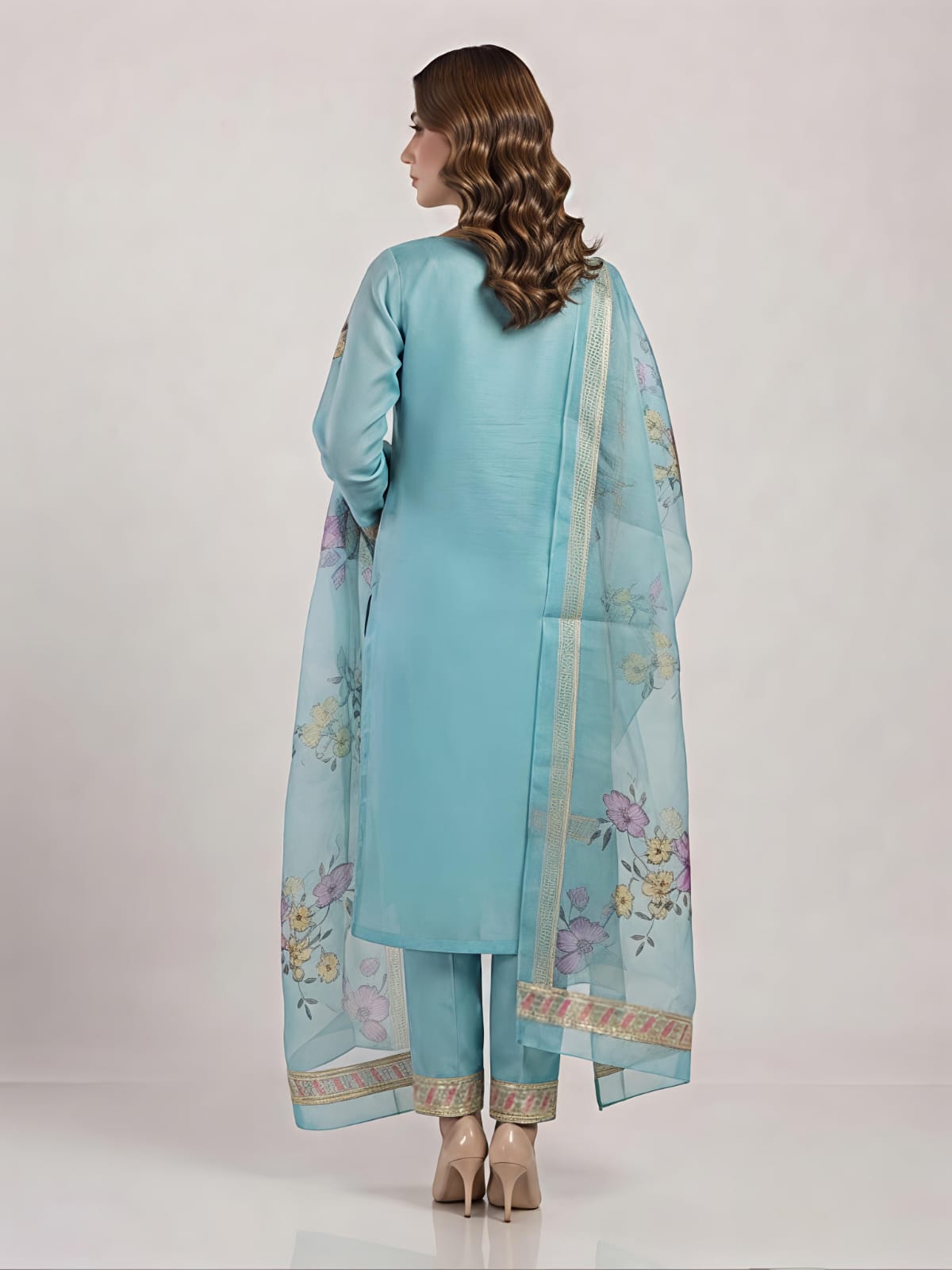 Sky Blue Embroidered Kurta Pant Set with Floral Printed Organza Dupatta