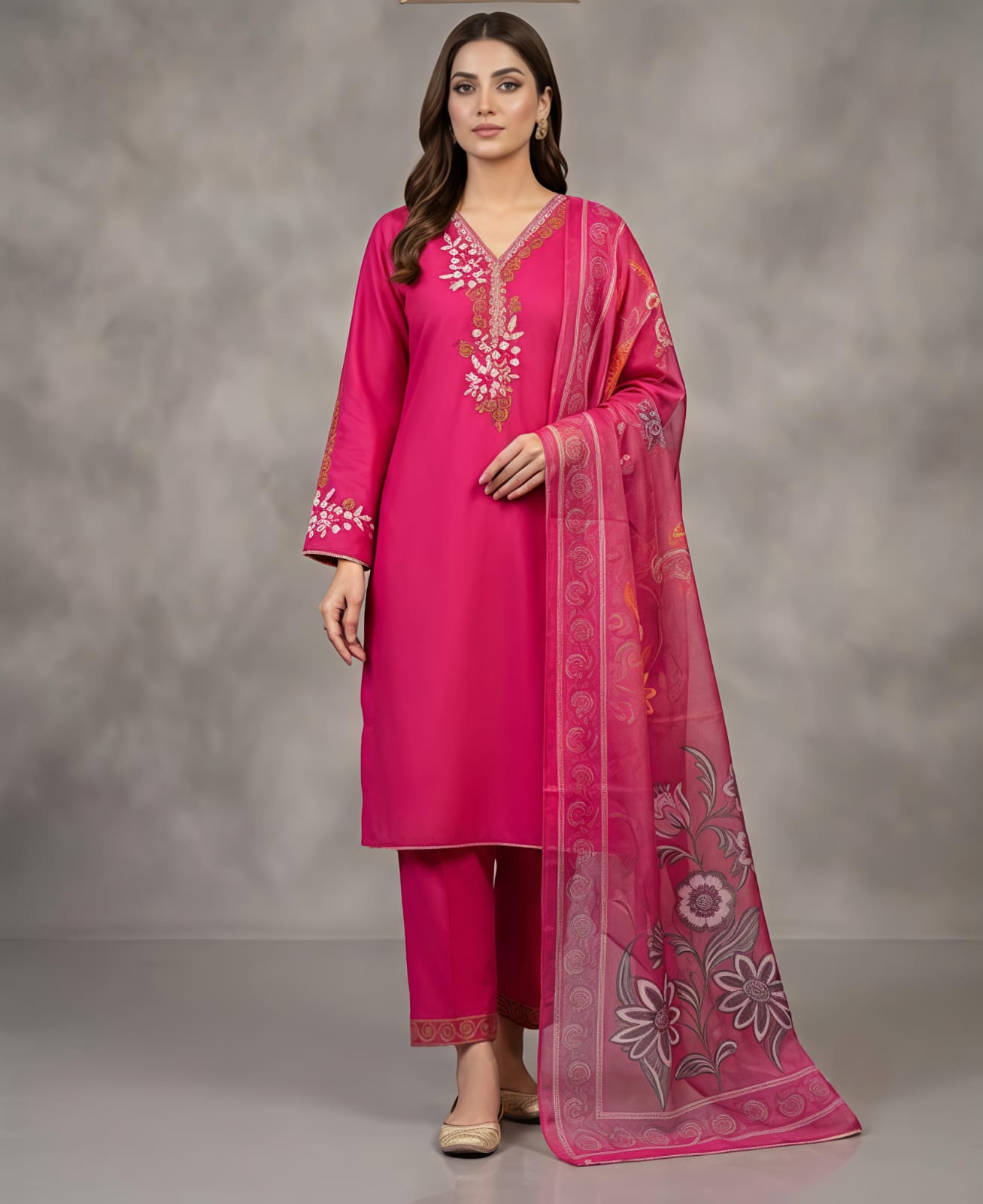 A woman models a bright pink traditional outfit with matching pants and a sheer printed dupatta, standing against a textured gray studio backdrop.