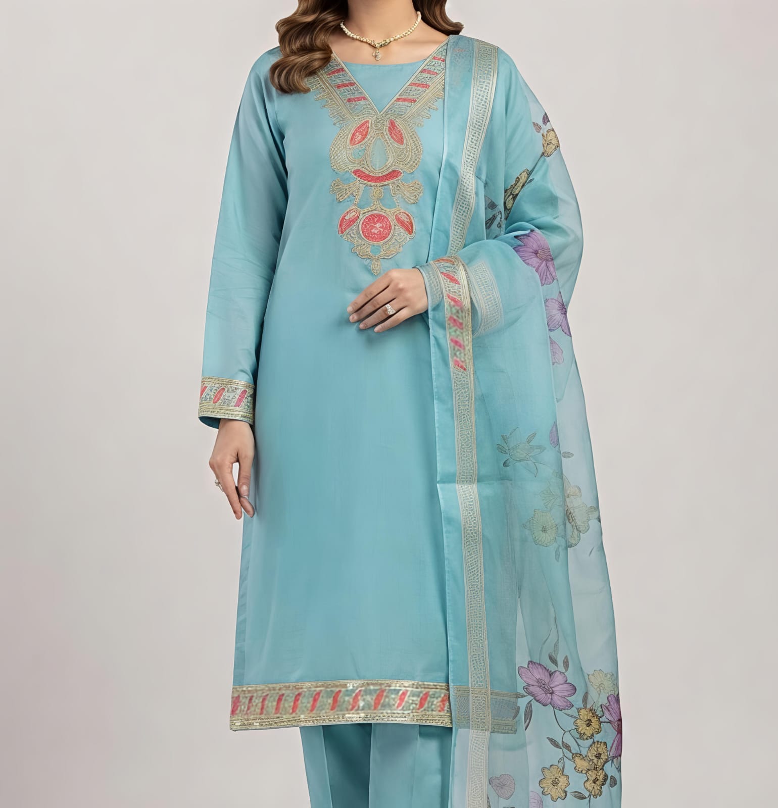 Sky Blue Embroidered Kurta Pant Set with Floral Printed Organza Dupatta