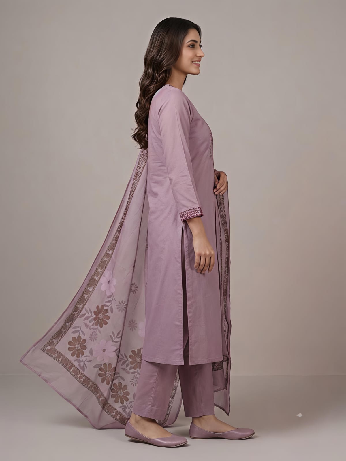 A woman modeling a lavender purple traditional Indian salwar kameez suit with matching pants and a dupatta featuring floral embroidery and border details, set against a plain beige studio background.