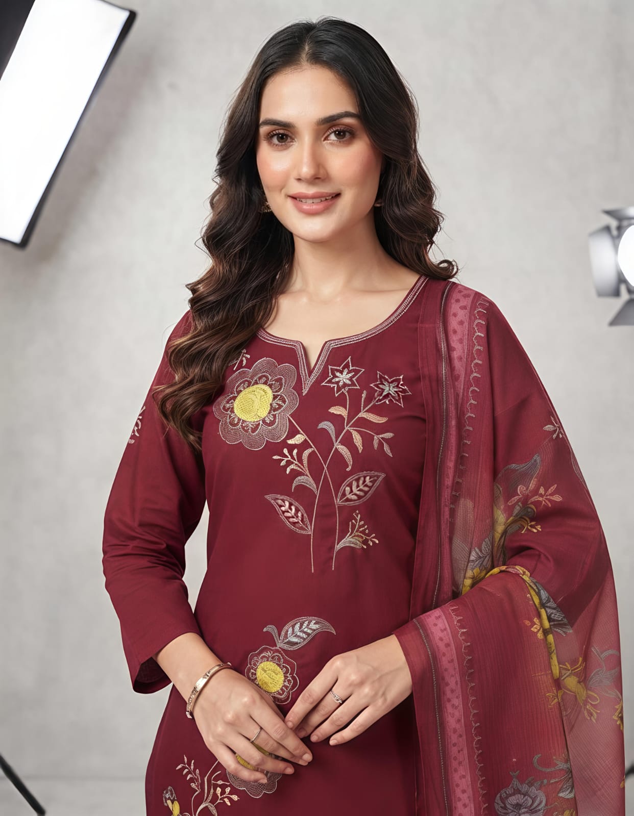 Women's Festive Maroon Embroidered Suit Set with Matching Pants & Dupatta