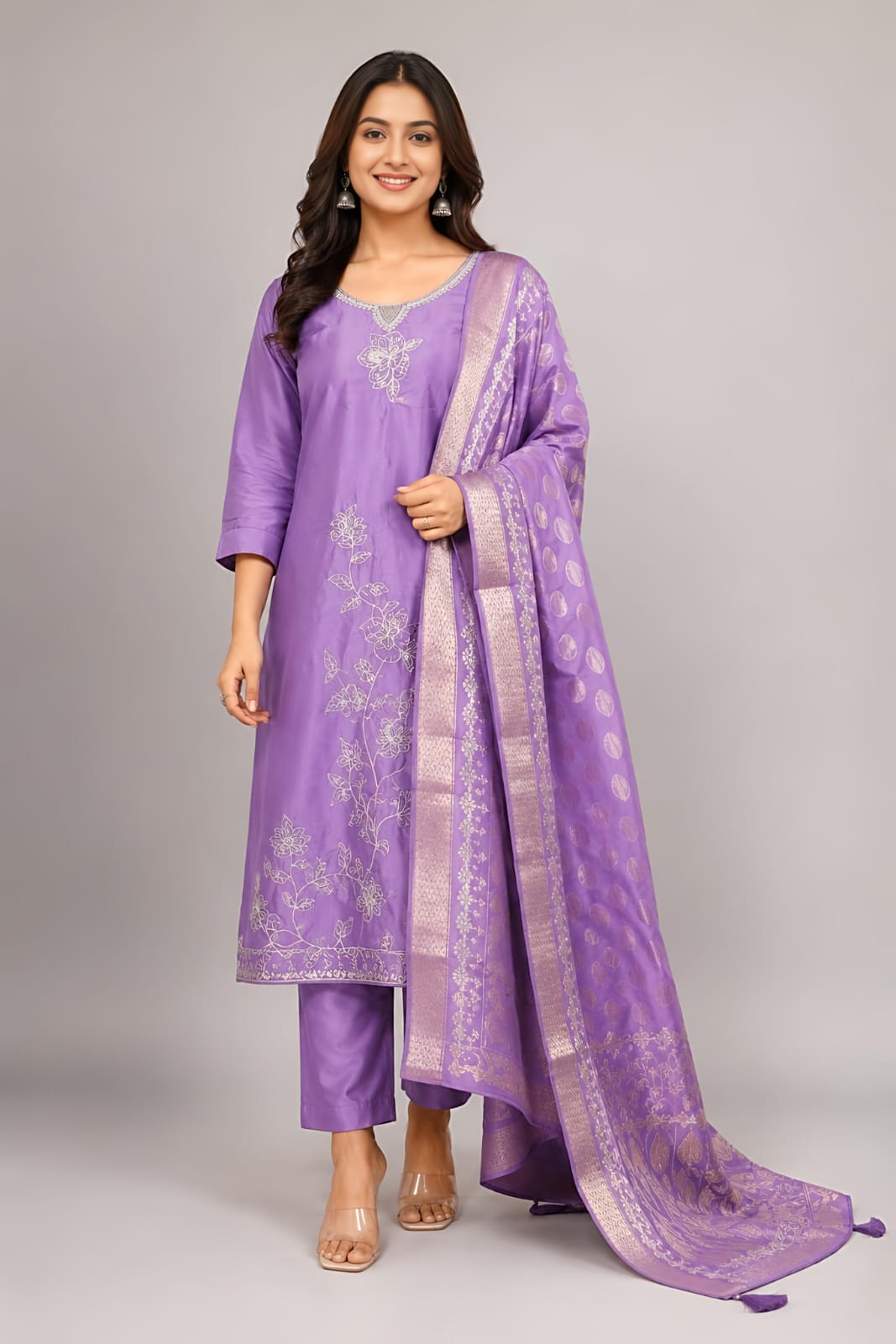 A woman modeling a lavender purple traditional three-piece suit with silver embroidery and a matching dupatta, set against a plain gray studio background.