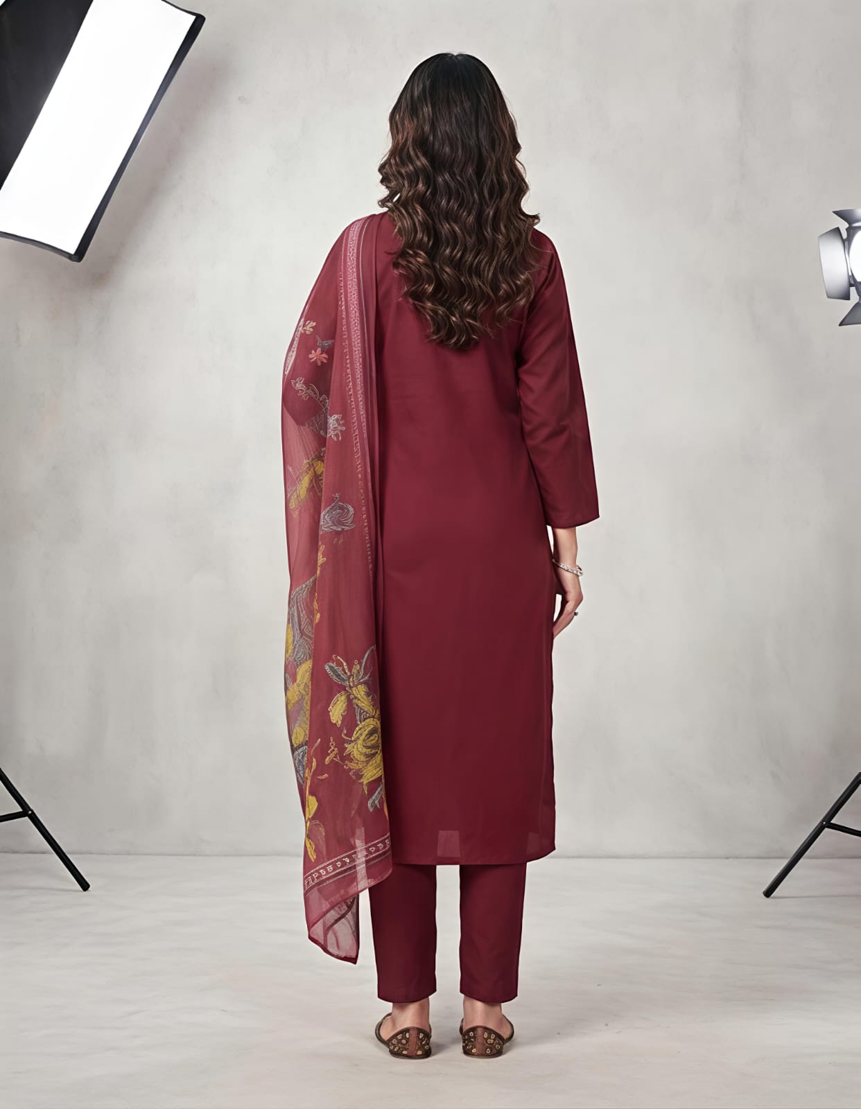 Women's Festive Maroon Embroidered Suit Set with Matching Pants & Dupatta