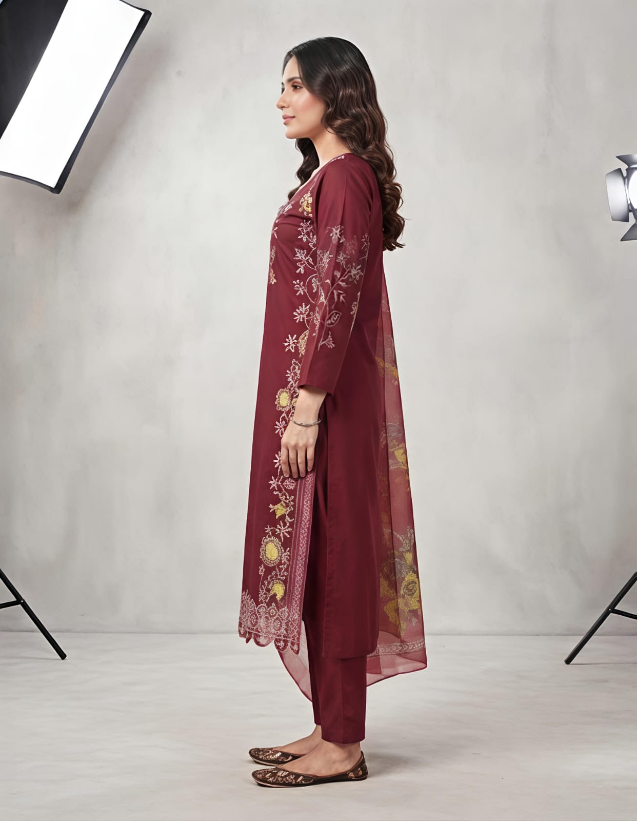 Women's Festive Maroon Embroidered Suit Set with Matching Pants & Dupatta