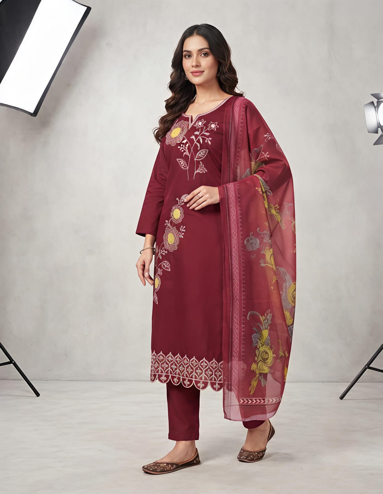 Women's Festive Maroon Embroidered Suit Set with Matching Pants & Dupatta