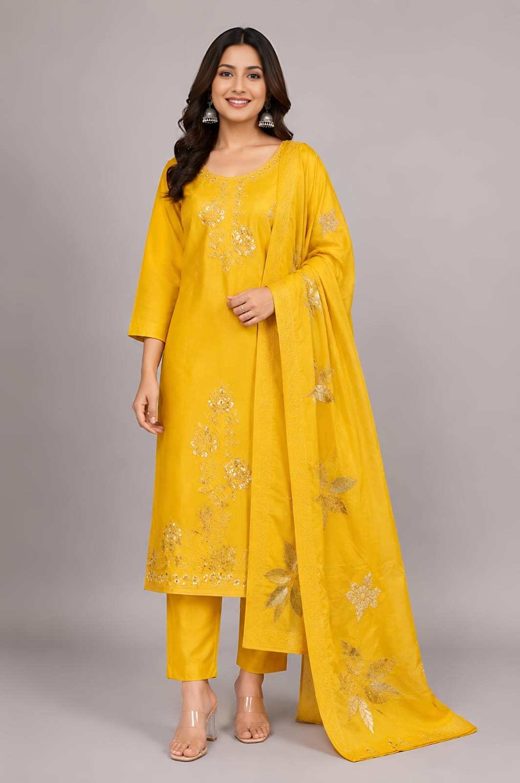 A woman modeling a bright yellow traditional Indian outfit with matching pants and a sheer dupatta, both decorated with gold floral embroidery, against a solid gray studio background.