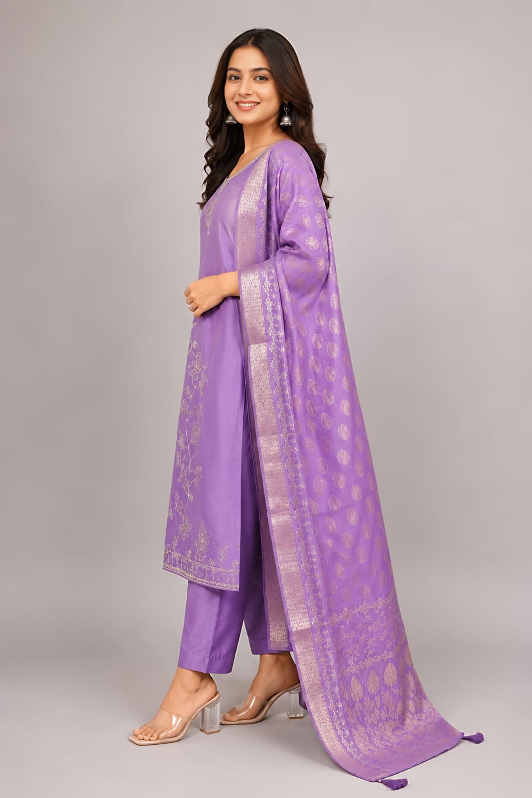 A woman modeling a lavender purple traditional three-piece suit with silver embroidery and a matching dupatta, set against a plain gray studio background.