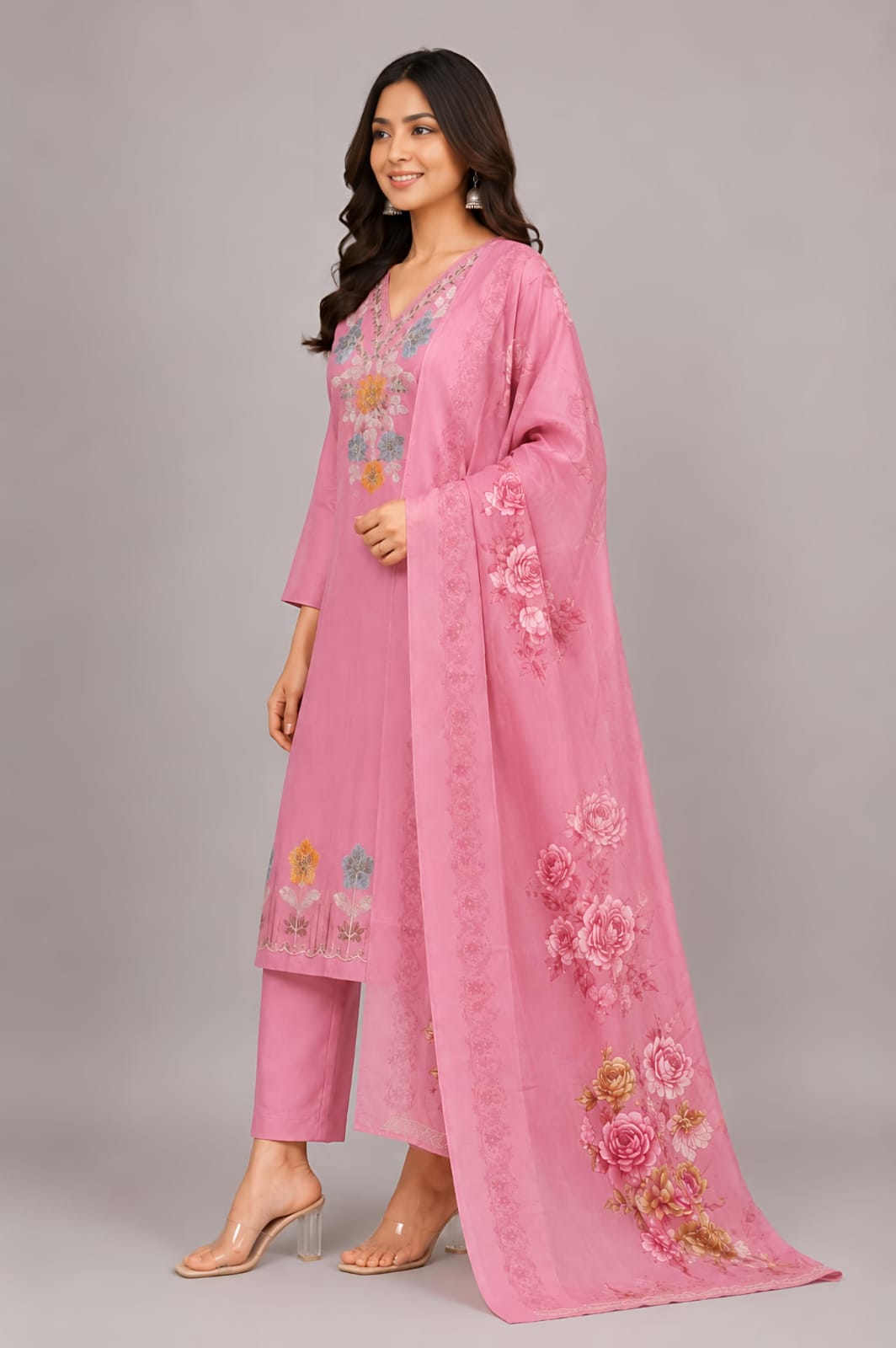 A woman modeling a pink traditional outfit with matching pants and a long sheer dupatta, featuring colorful floral embroidery on the neckline, hem, and dupatta, against a solid gray studio background.