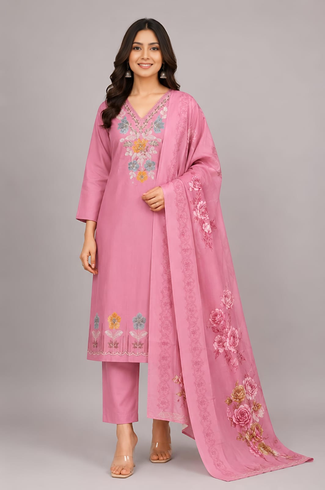 A woman modeling a pink traditional outfit with matching pants and a long sheer dupatta, featuring colorful floral embroidery on the neckline, hem, and dupatta, against a solid gray studio background.