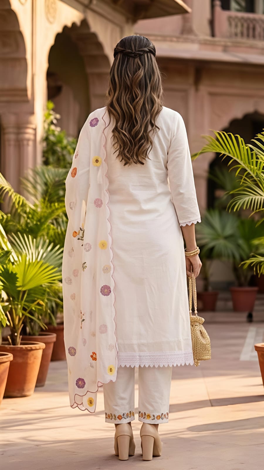 A woman models a white ethnic salwar kameez suit with colorful floral embroidery, matching wide-leg trousers, and a sheer embroidered dupatta, set against an outdoor architectural background with potted plants.