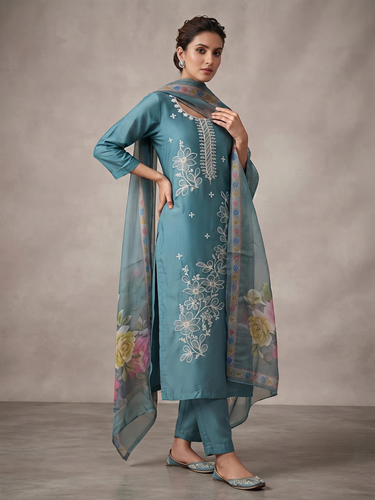 Blue Blossom Designer Embroidered Suit Set for Women