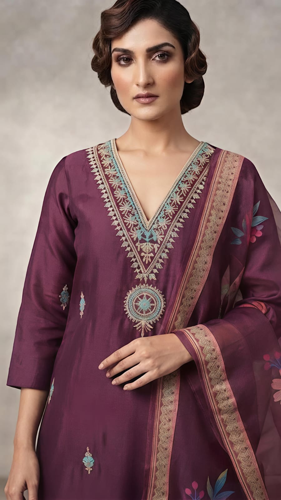 Elegant Wine Embroidered Silk Kurta Set with Floral Dupatta
