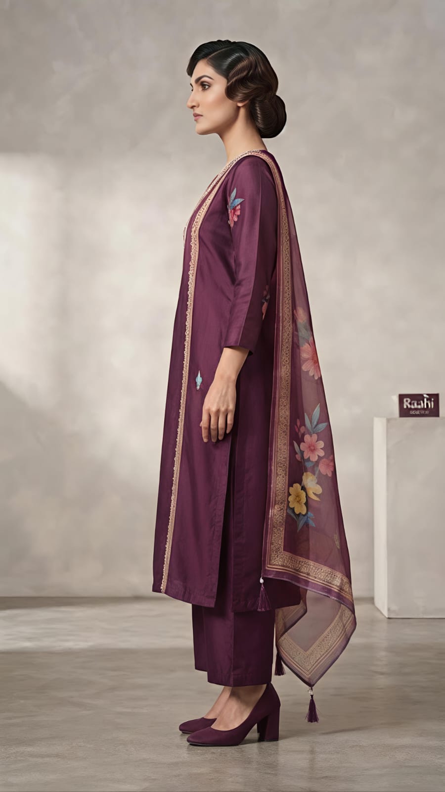 Elegant Wine Embroidered Silk Kurta Set with Floral Dupatta