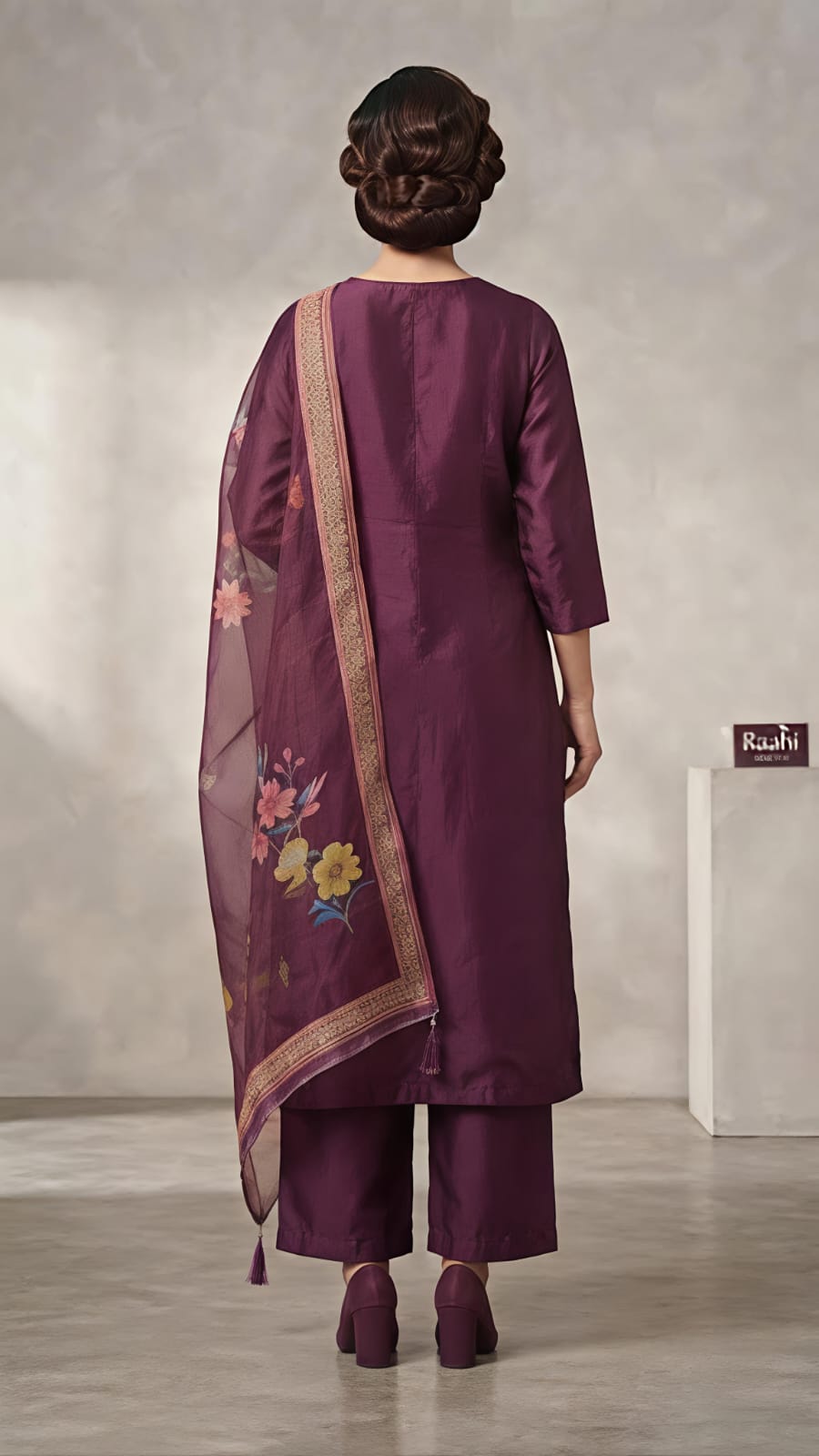 Elegant Wine Embroidered Silk Kurta Set with Floral Dupatta