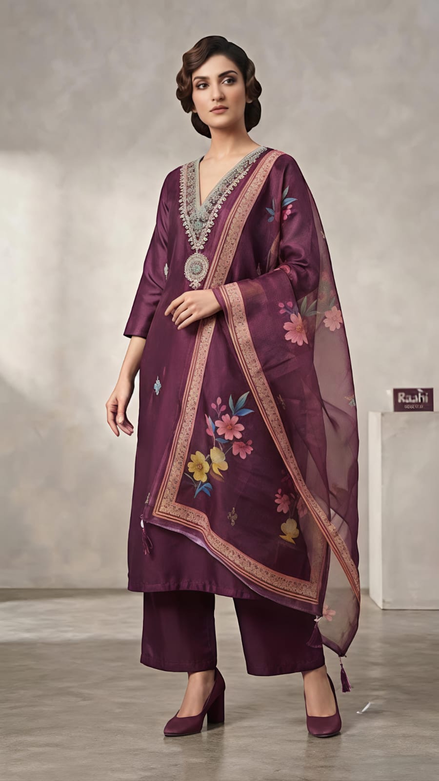 Elegant Wine Embroidered Silk Kurta Set with Floral Dupatta