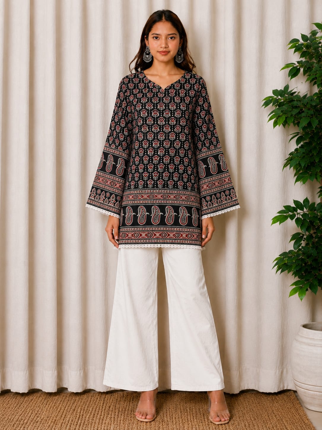 Black Ajrak Printed Cotton Kurti for Women