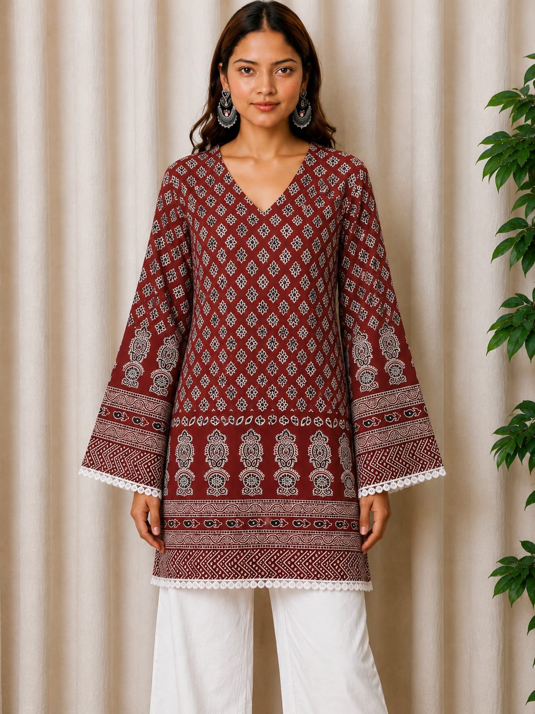 Maroon Ajrak Printed Cotton Kurti for Women