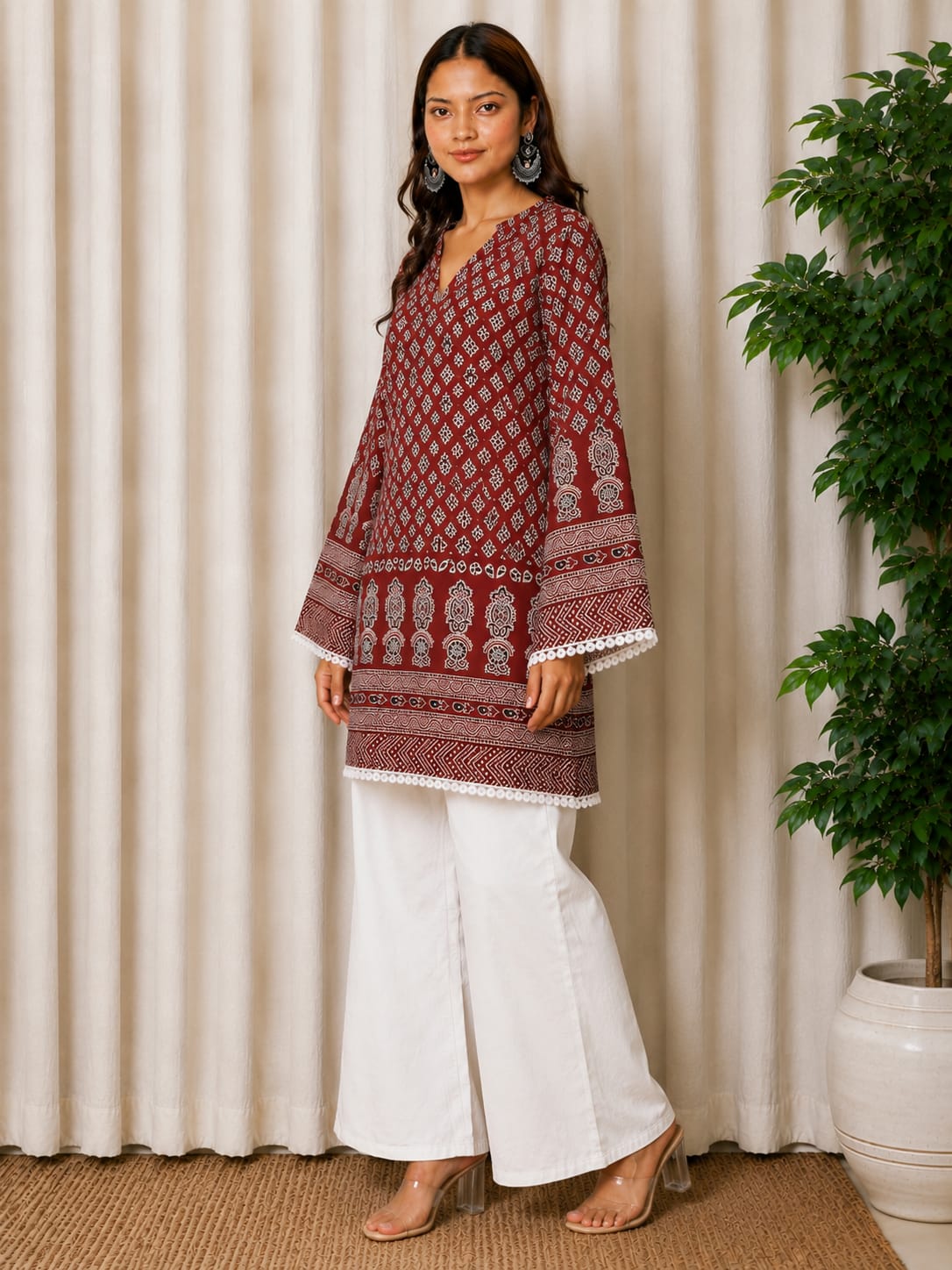 Maroon Ajrak Printed Cotton Kurti for Women