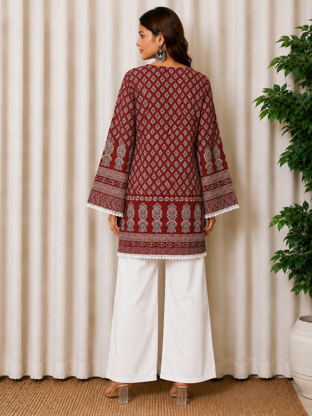 Maroon Ajrak Printed Cotton Kurti for Women