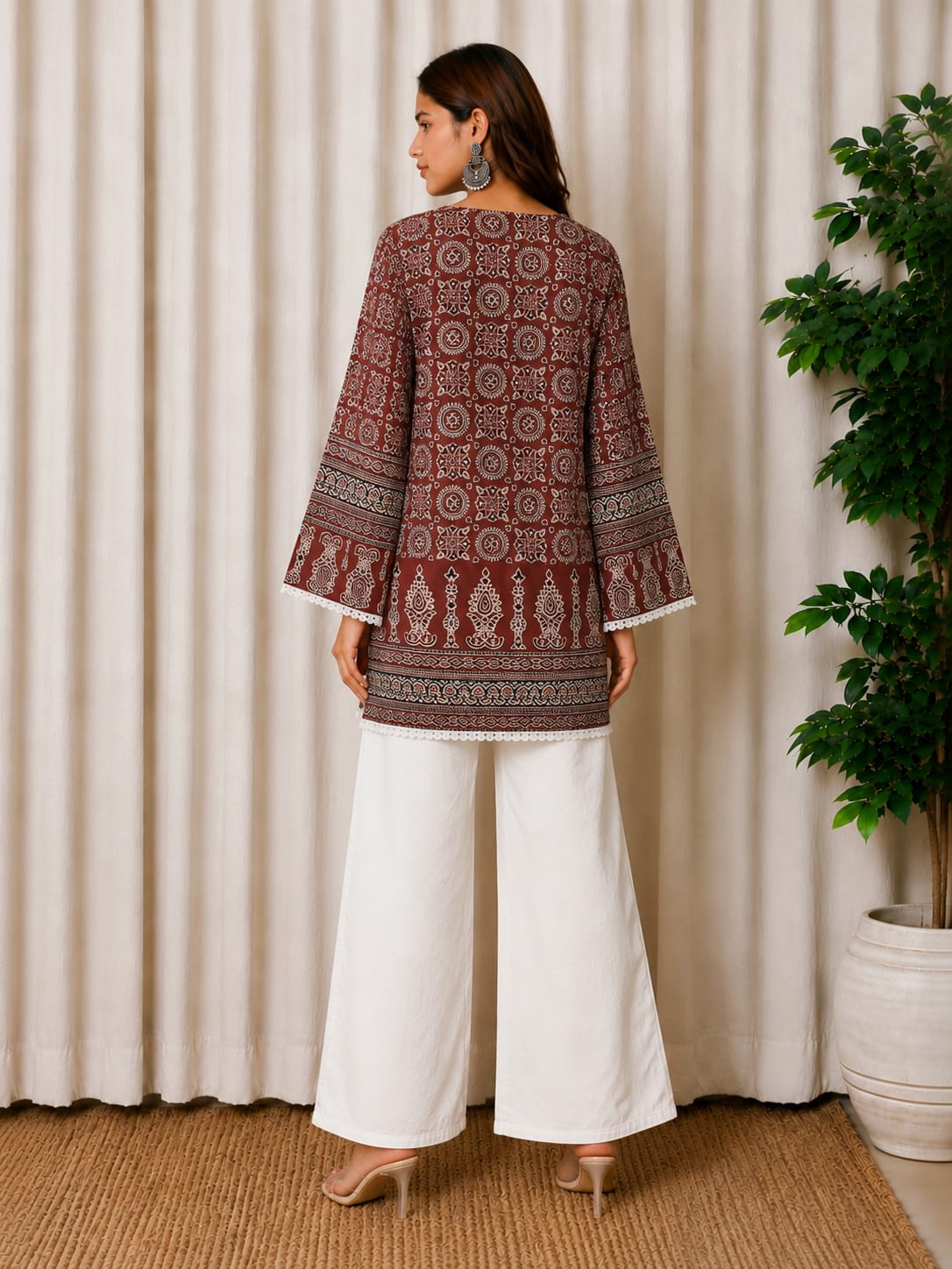 Maroon Folk Print Cotton Kurti