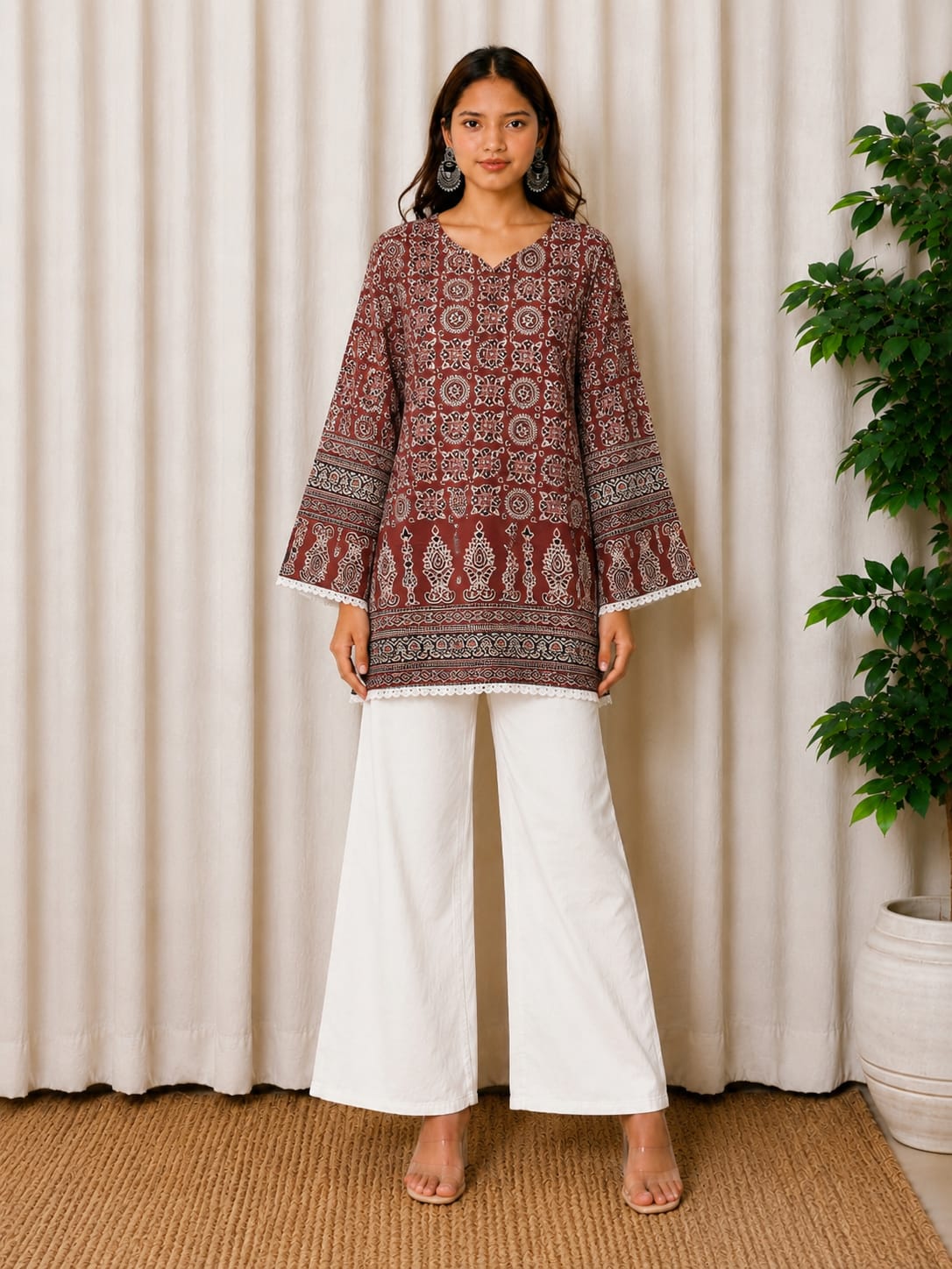 Maroon Folk Print Cotton Kurti