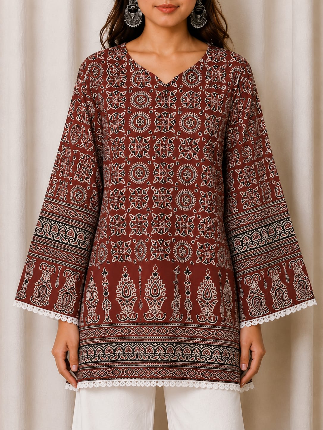 Maroon Folk Print Cotton Kurti