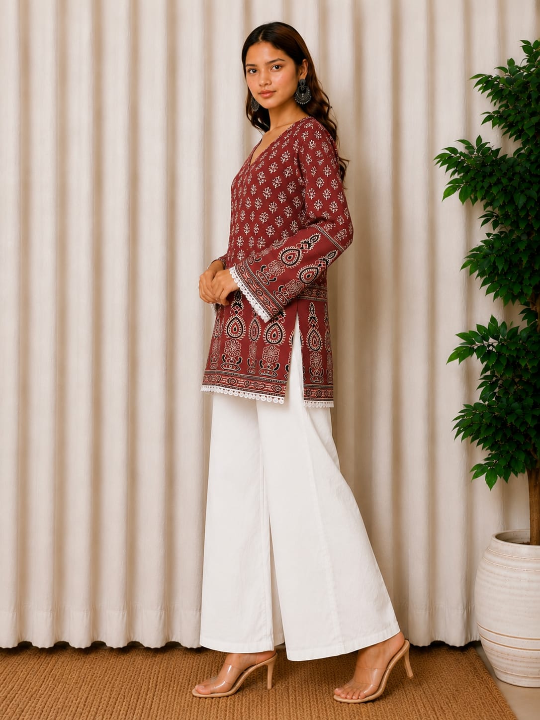 Maroon Ajrak Printed Cotton Kurti for Women
