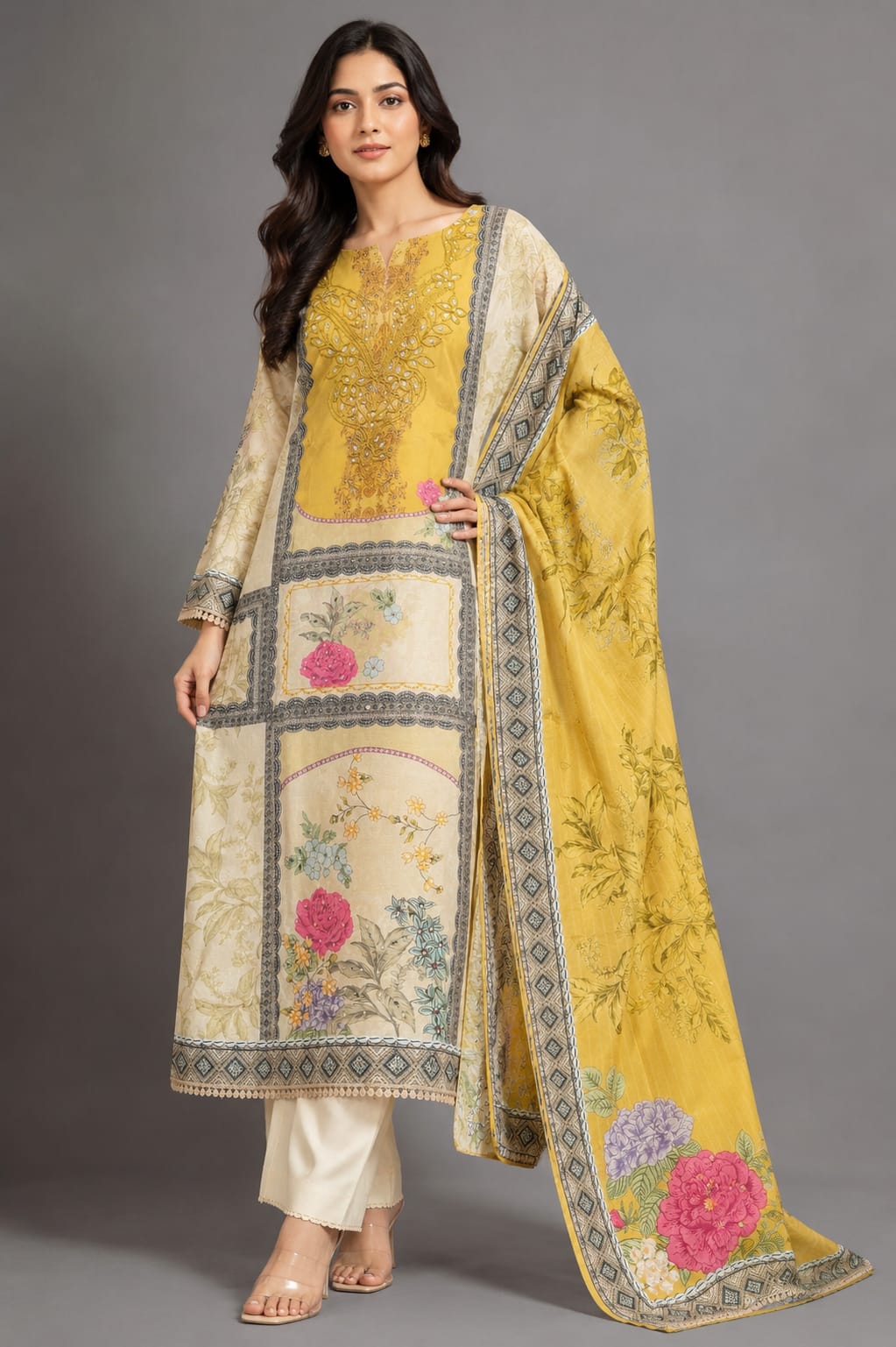 Sunlit Floral Muslin Digital Print Unstitched Suit Set for Women | Unstitched Fabric, Suit Set