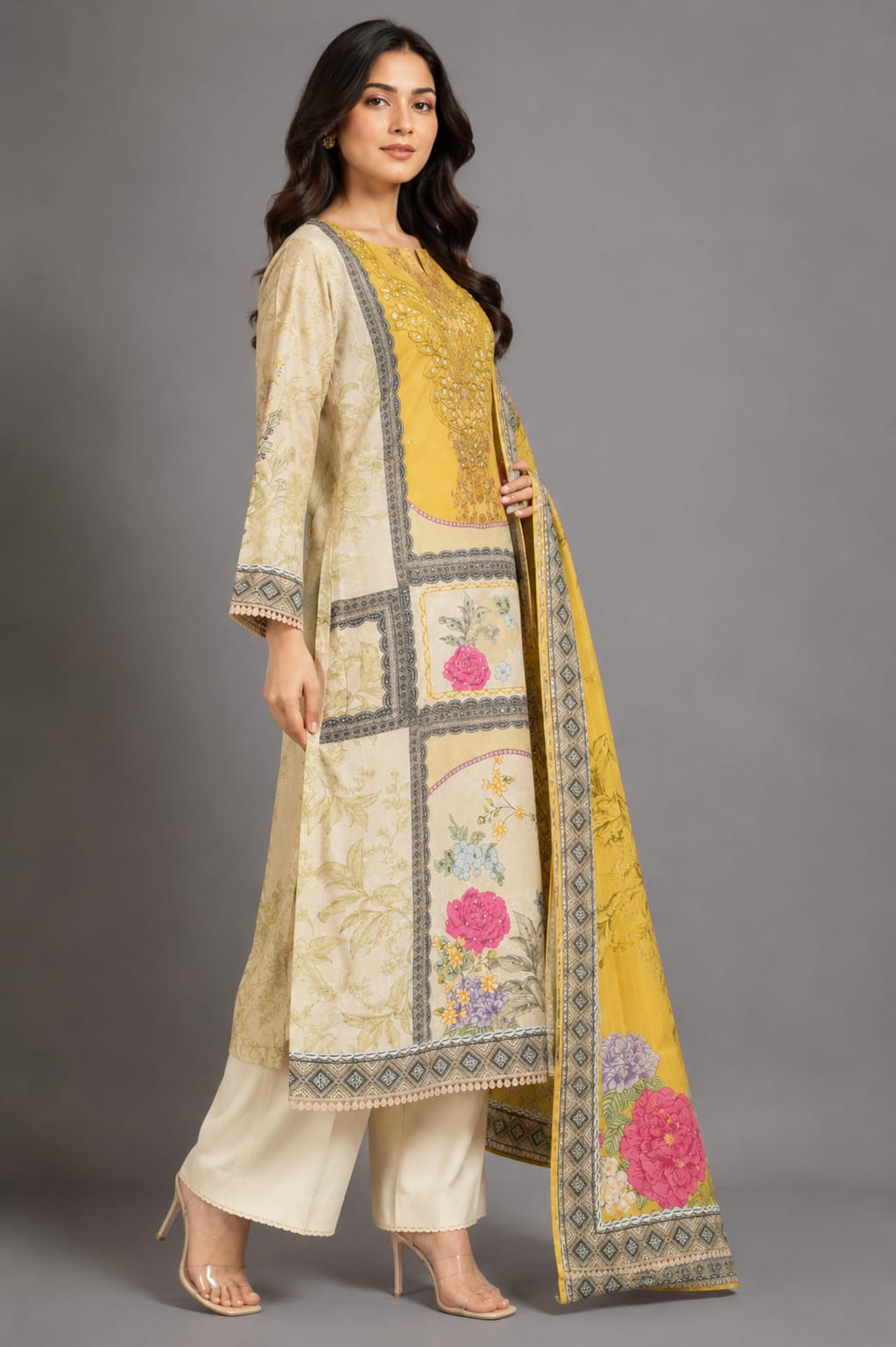 Sunlit Floral Muslin Digital Print Unstitched Suit Set for Women | Unstitched Fabric, Suit Set