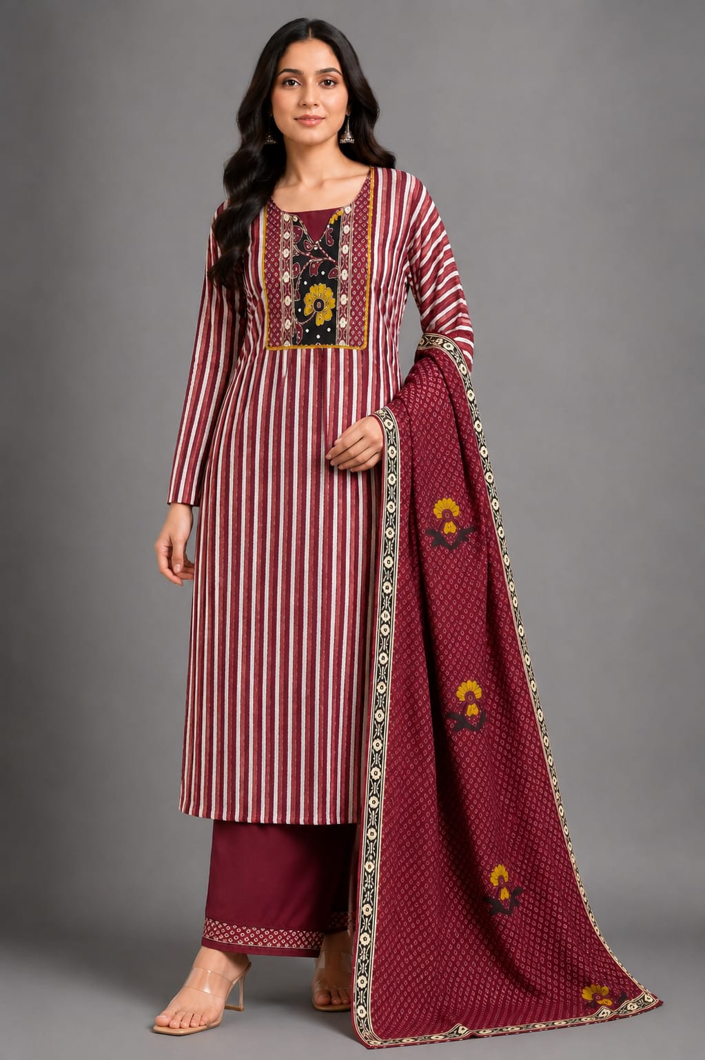 Maroon Ethnic Striped Printed Suit Set for Women