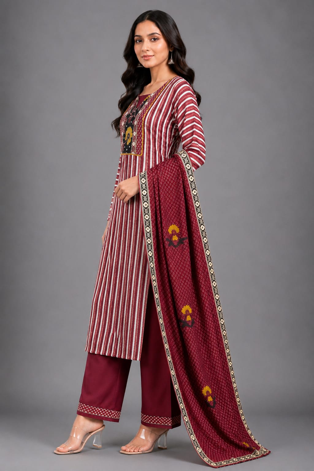 Maroon Ethnic Striped Printed Suit Set for Women