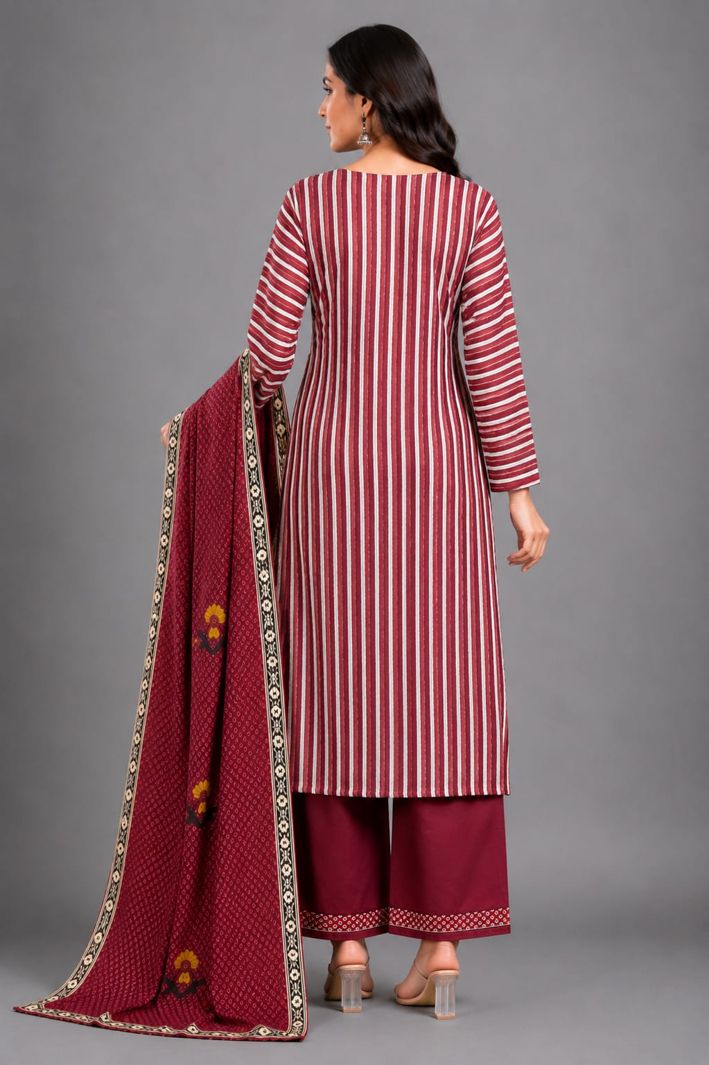 Maroon Ethnic Striped Printed Suit Set for Women