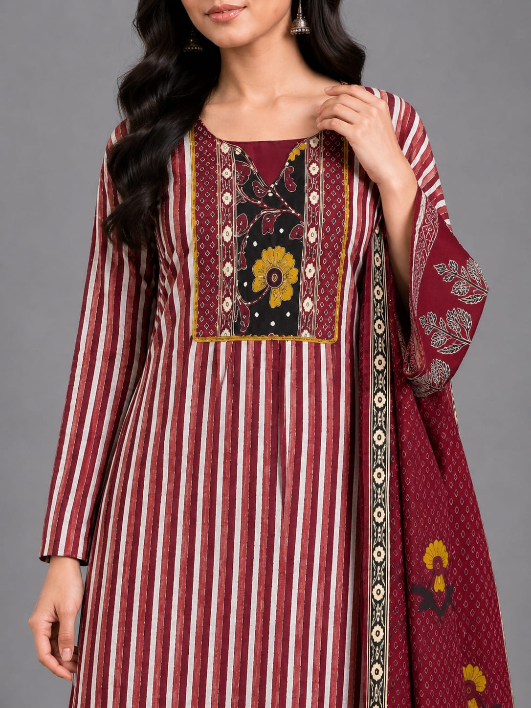 Maroon Ethnic Striped Printed Suit Set for Women