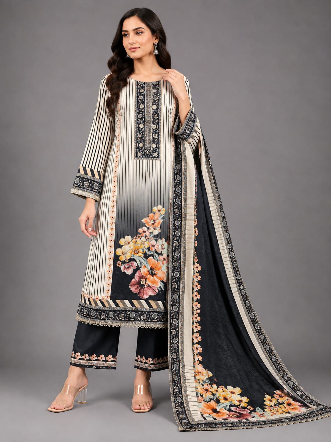 Midnight Bloom Printed 3-Piece Unstitched Suit Set