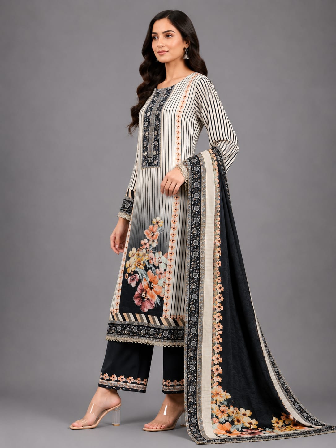 Midnight Bloom Printed 3-Piece Unstitched Suit Set