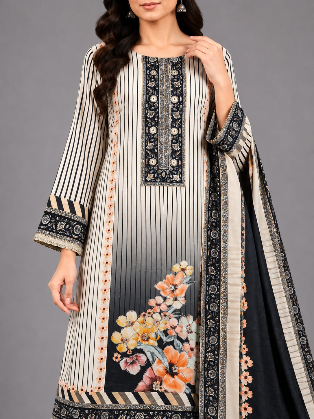 Midnight Bloom Printed 3-Piece Unstitched Suit Set